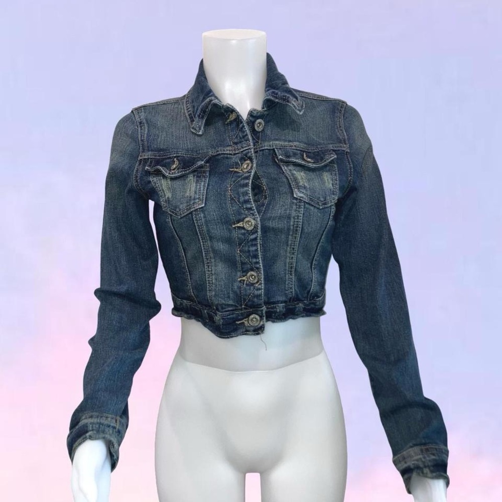 Vintage 90s y2k BONGO Dark Blue Distressed Cropped Jean Jacket